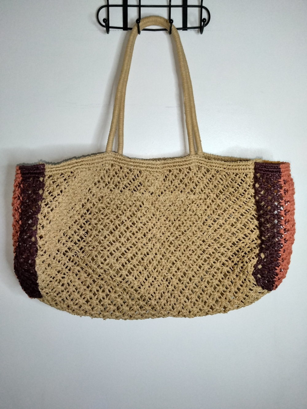Zara Beige Lightweight Woven Dual Straps Boho Chic Tote with Pink and Brown Trim